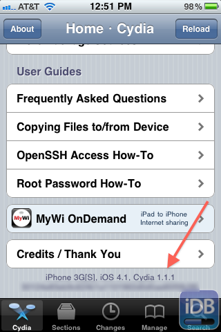 Cydia 1.1 Installed in home page