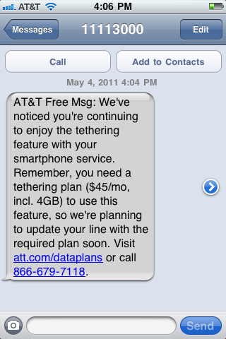 AT&T tethering text of death