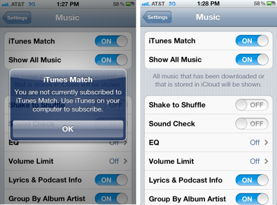 iTunes Match toggle activation iOS 5